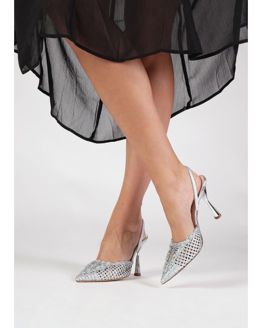 Daniel White Tiffi Silver Leather Woven Sling Back Court Shoes