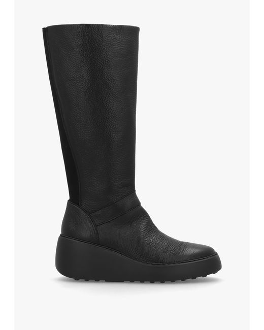 Fly London Dova Black Full Grain Leather Wedge Knee Boots