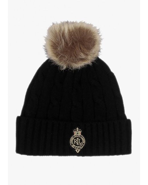 Ralph Lauren Black Cable-Patch Pom Pom Cable Knit Beanie Hat