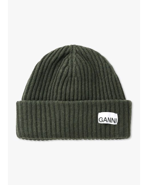Ganni Green Khaki Oversized Wool Ribbed Beanie Hat