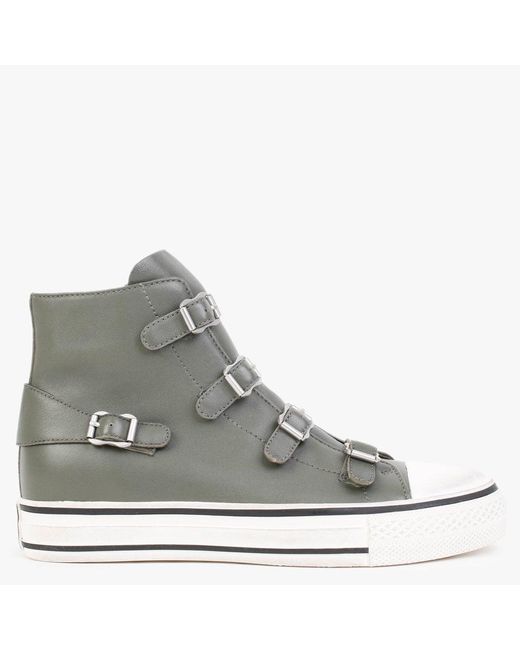 Ash Gray Virgin Ii Leaf Leather Buckled High Top Trainers