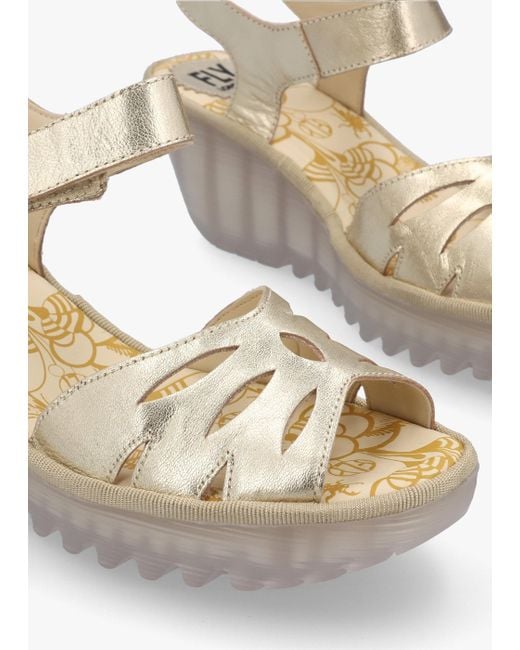 Fly London White Yazi Gold Leather Wedge Sandals
