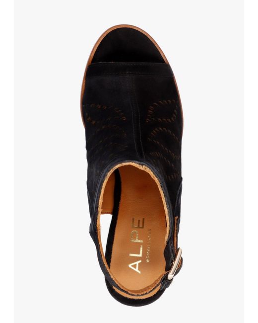 Alpe Black Arona Laser Cut Block Heel Sandals