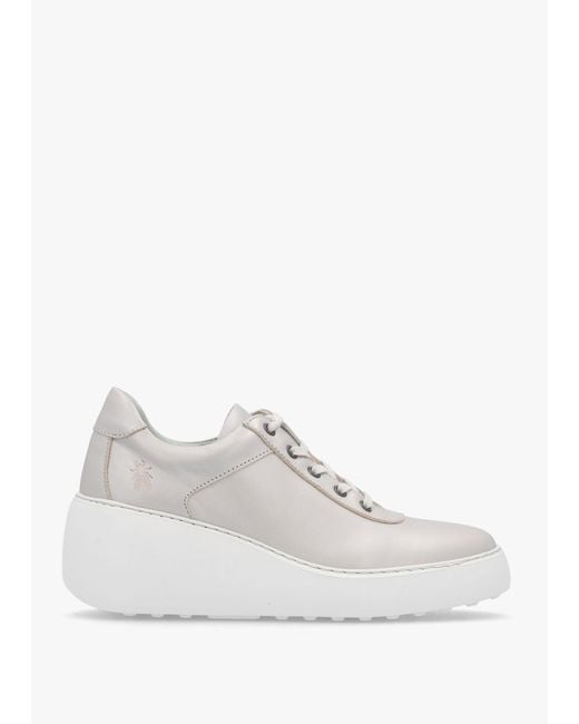 Fly London White Dipo Silver Leather Wedge Trainers
