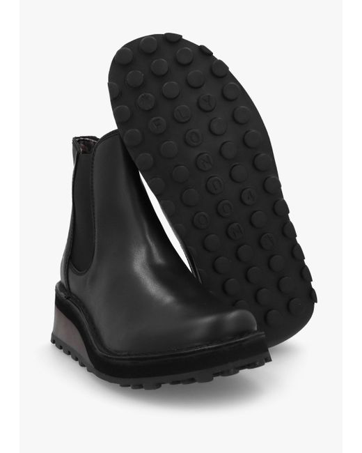 Fly London Huud Black Leather Low Wedge Chelsea Boots