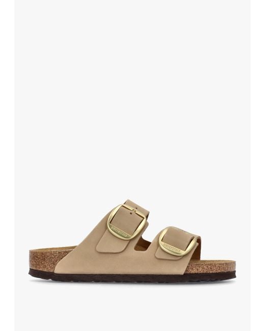 Birkenstock White Arizona Big Buckle Sandcastle Nubuck Leather Two Bar Mules