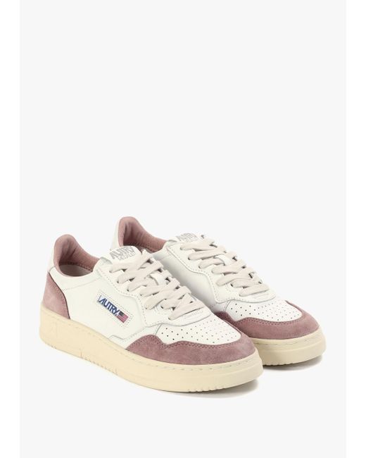 Autry Natural Medalist Low White Goatskin & Pink Suede Trainers