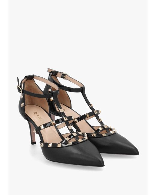 Daniel Multicolor Poltiff Leather Studded T-Bar Court Shoes