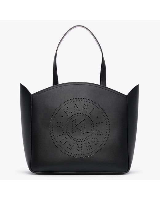 Karl Lagerfeld Circle Large Perforated Logo Black Leather Tote Bag