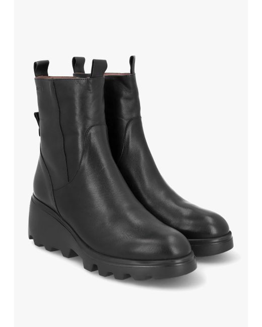 Wonders Leeds Black Smooth Leather Wedge Ankle Boots
