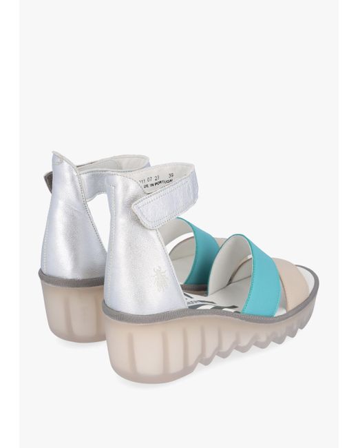 Fly London Blue Bono Cloud Turquoise Silver Tumbled Leather Low Wedge Sandals