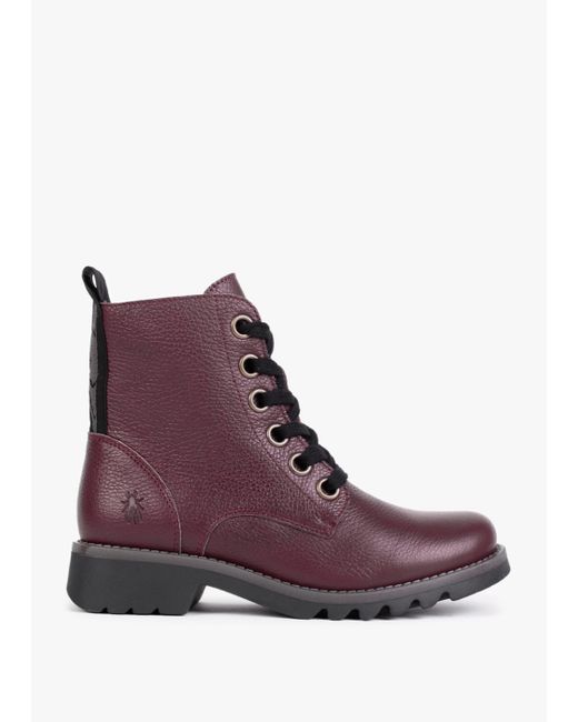 Fly London Purple Ragi Burgundy Pebbled Leather Ankle Boots