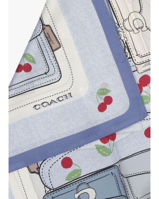COACH Blue Tabby Cherry Denim Silk Scarf