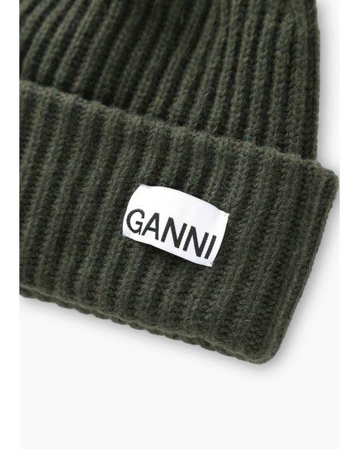 Ganni Green Khaki Oversized Wool Ribbed Beanie Hat