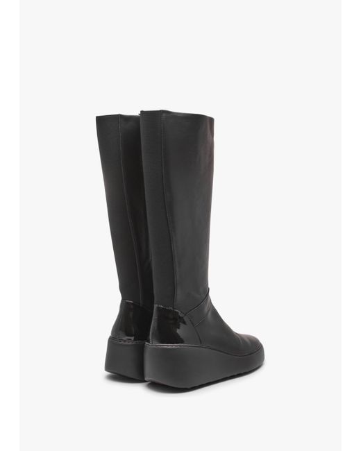 Fly London Dova Black Leather Wedge Knee Boots