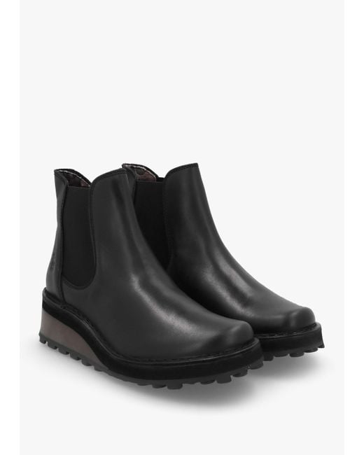 Fly London Huud Black Leather Low Wedge Chelsea Boots