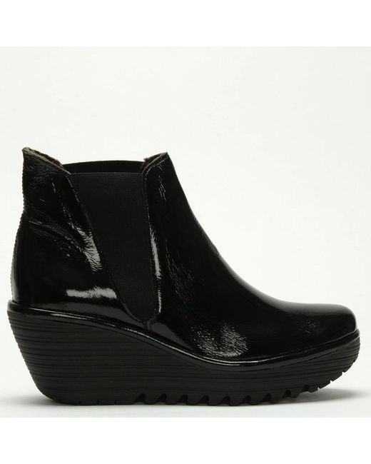 Fly London Woss Black Patent Leather Wedge Ankle Boot | Lyst UK