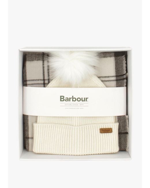 Barbour Natural Dover Monochrome Tartan Beanie & Hailes Scarf Gift Set