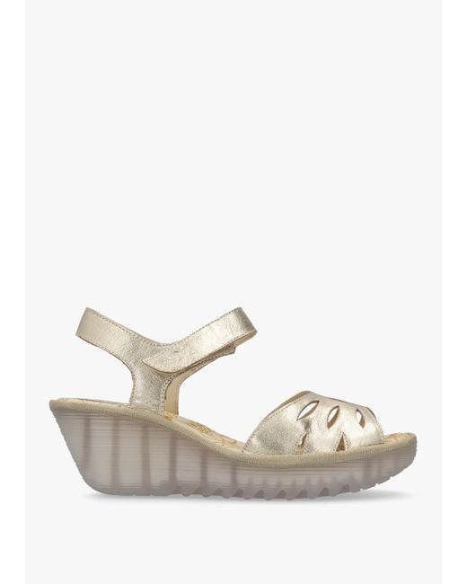 Fly London White Yazi Gold Leather Wedge Sandals