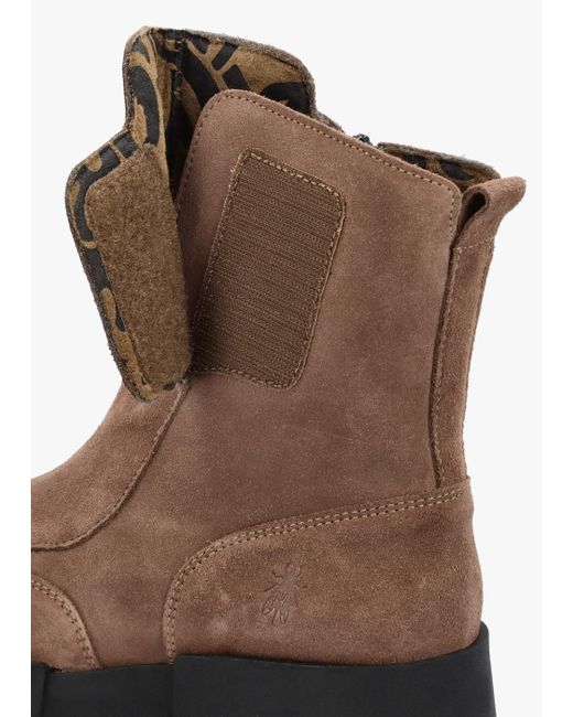 Fly London Brown Egli Taupe Suede Block Heel Chunky Ankle Boots
