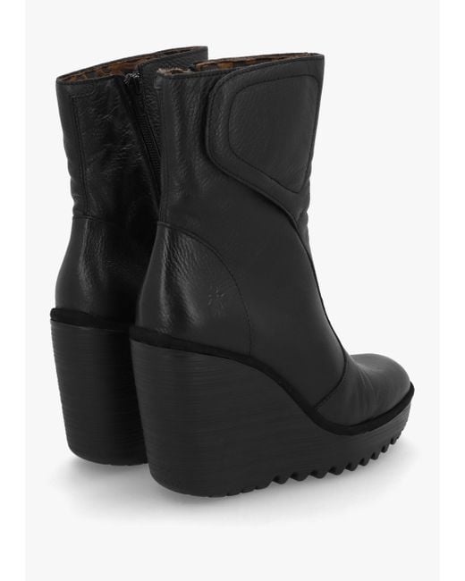 Fly London Dally Black Full Grain Leather High Wedge Ankle Boots
