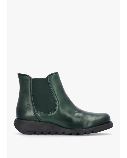 Fly London Green Salv Petrol Rug Leather Wedge Chelsea Boots