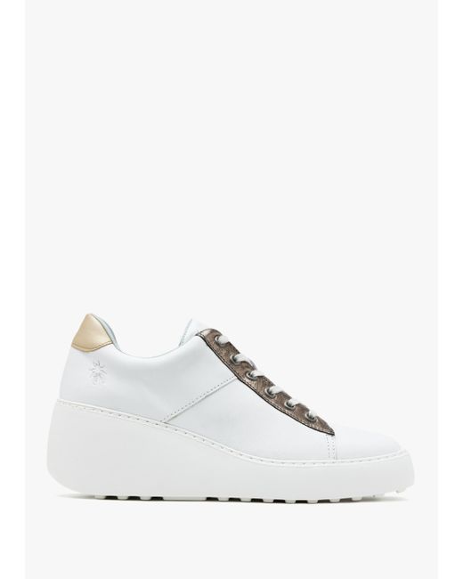 Fly London Delf White Bronze Leather Wedge Trainers