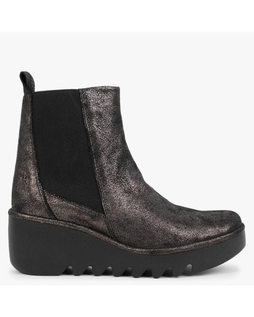 Fly London Bagu Cool Graphite Leather Wedge Chelsea Boots in Black