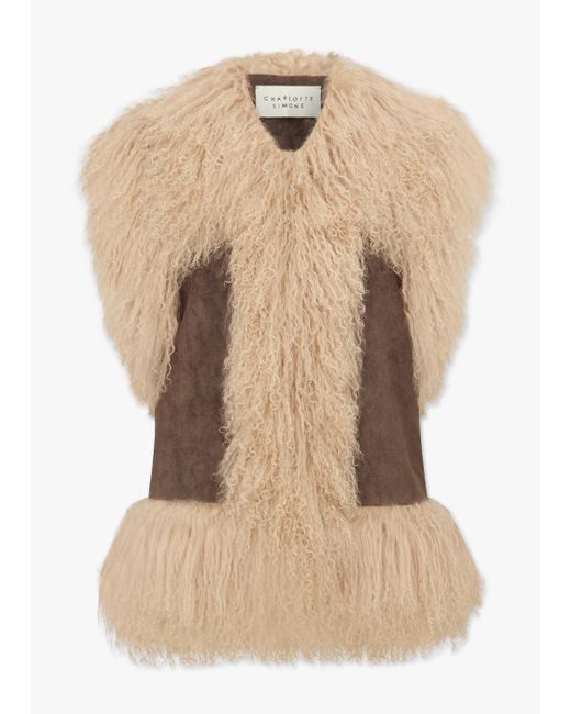 Charlotte Simone Natural Stevie Greige Biscotti Suedette Mongolian Lambskin Trim Gillet