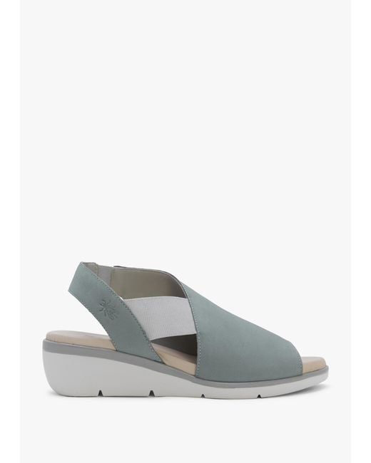 Fly London Gray Nily Pale Blue Leather Low Wedge Sandals