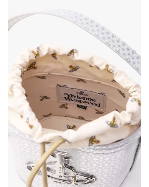 Vivienne Westwood White Daisy Silver Leather Drawstring Bucket Bag