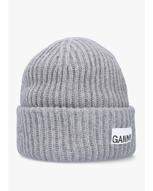 Ganni Gray Grey Oversized Wool Ribbed Beanie Hat