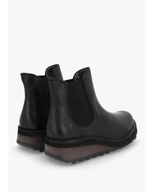Fly London Huud Black Leather Low Wedge Chelsea Boots