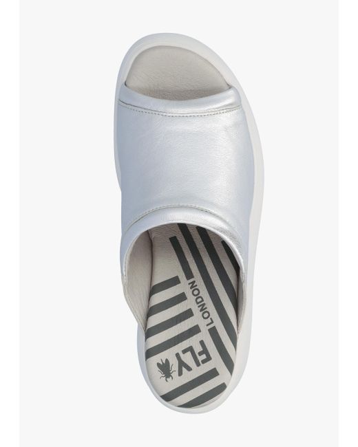 Fly London White Doli Silver Leather Wedge Mules
