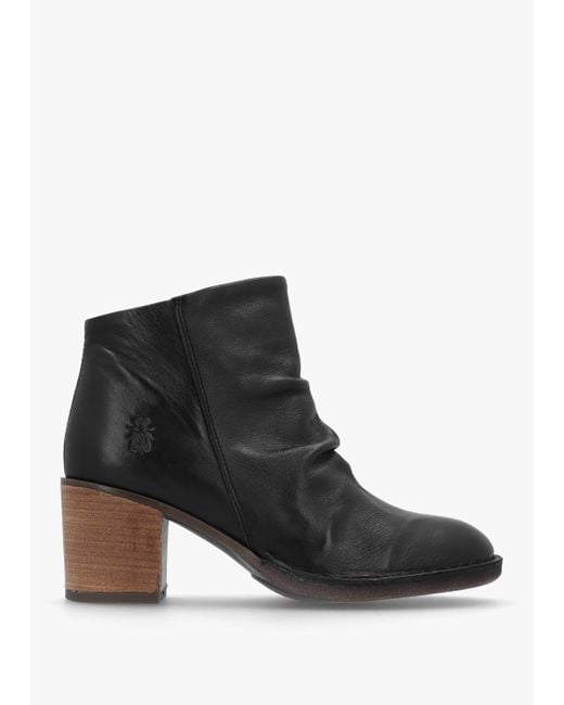 Fly London Bell Black Leather Block Heel Ankle Boots