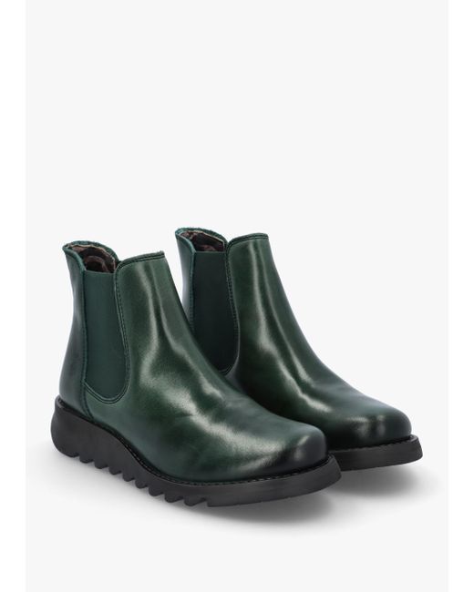 Fly London Green Salv Petrol Rug Leather Wedge Chelsea Boots