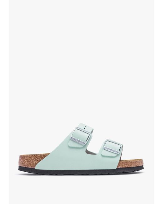 Birkenstock Blue Arizona Soft Foot-Bed Matcha Leather Two Bar Mules , Fabric