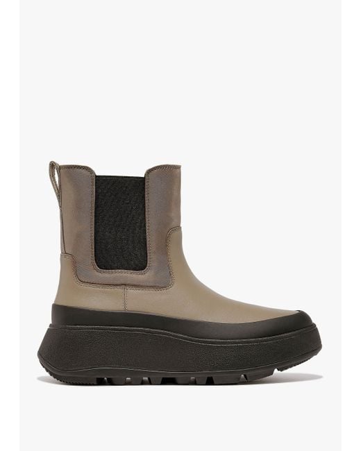 Fitflop Brown F-mode Water-resistant Minky Grey Fabric & Leather Flatform Chelsea Boots
