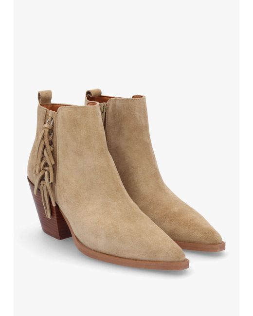 Alpe Brown Baker Taupe Suede Fringed Stacked Heel Western Ankle Boots