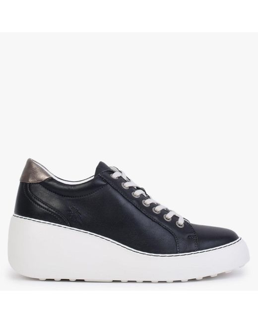 Fly London Dile Black Leather Wedge Trainers