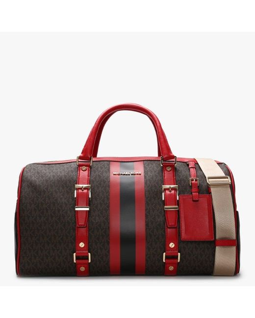 Michael Kors Large Bedford Travel Brown & Bright Red Logo Stripe Weekender Bag