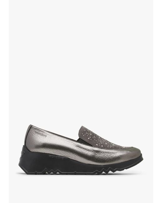 Wonders Gray Jewel Pewter Leather Low Wedge Loafers