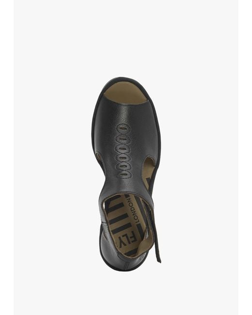 Fly London Bezo Black Leather Wedge Sandals