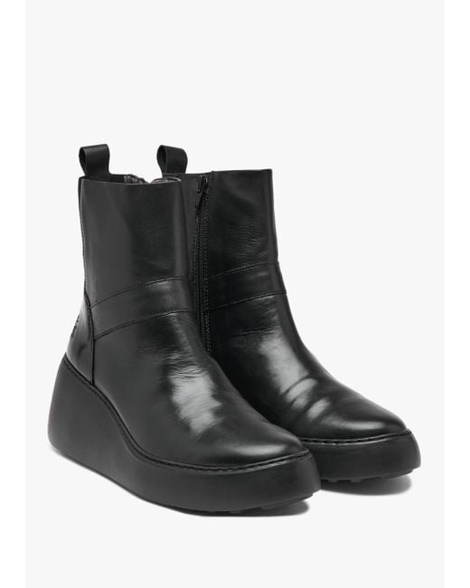 Fly London Doxe Black Leather Wedge Boots