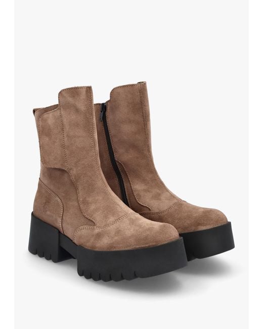 Fly London Brown Egli Taupe Suede Block Heel Chunky Ankle Boots