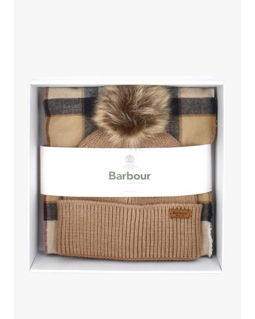 Barbour Natural Dover Hessian Tartan Beanie & Hailes Scarf Gift Set