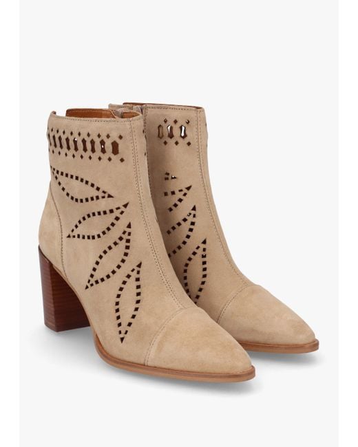 Alpe Natural Ariana Beige Suede Laser Cut Block Heel Ankle Boots