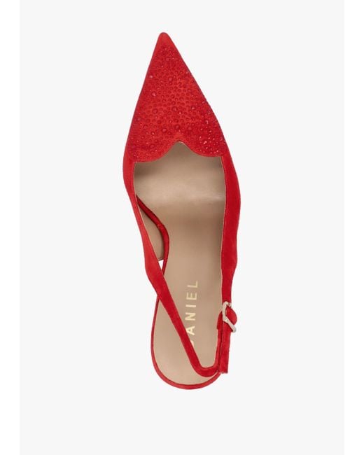 Daniel Elove Red Suede Crystal Heart Toe Cap Heeled Sling Backs