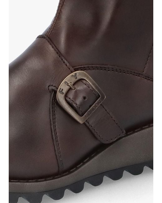 Fly London Mes Ii Dark Brown Leather Low Wedge Calf Boots
