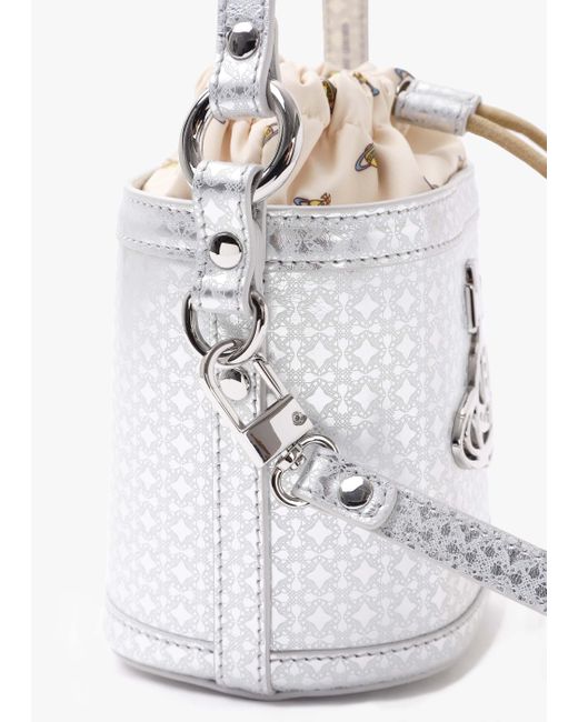 Vivienne Westwood White Daisy Silver Leather Drawstring Bucket Bag
